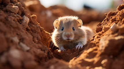 Hamster, mouse, lemming, rat on a hole in the ground. Close-up.