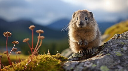 Naklejka na ściany i meble Marmot on a rock in the mountains at sunset. Russia
