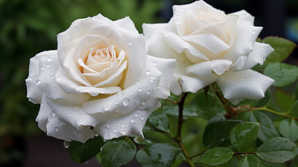 White rose with water droplets on the petals after the rain. 