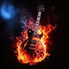 Beautiful electronic guitar on an isolated background with fire flame. Dramatic lighting neon smoke fog fire