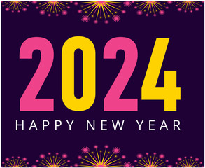 Happy New Year 2024 Abstract Pink And Yellow Logo Symbol Design Vector Illustration With Purple Background