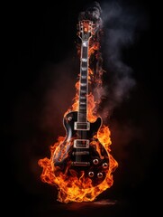 Beautiful electronic guitar on an isolated background with fire flame. Dramatic lighting neon smoke fog fire