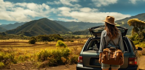 A girl with a car against a savannah background, a traveller arrived in Africa.