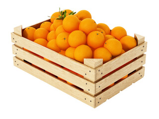 Fresh, newly harvested oranges inside wooden crate. Transparent background.  3D illustration