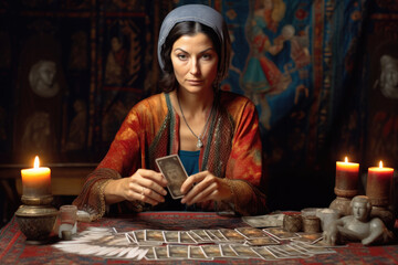 A fortune teller girl with torero cards and burning candles on a table - obrazy, fototapety, plakaty