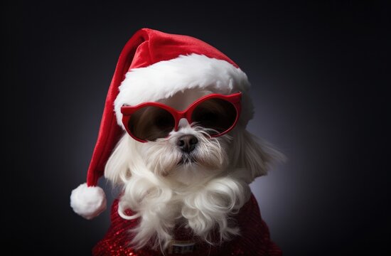 White dog as Father Christmas, New Year's Eve dog portraits