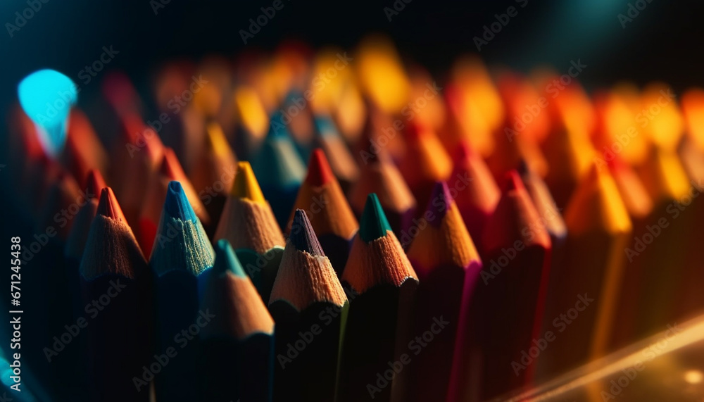 Poster a vibrant rainbow spectrum of sharp pencils in a row generated by ai