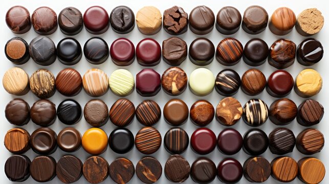  a number of different types of chocolates on a white surface with one of the chocolates in the middle of the picture.  generative ai