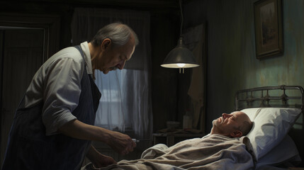 Doctor helping patient at home on death bed. - obrazy, fototapety, plakaty