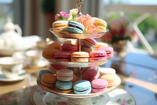 A three tiered cake stand with macarons and tea cups, AI