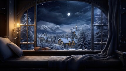  a window that has a view of a snowy night with a church in the distance and a lit candle on the window sill.  generative ai