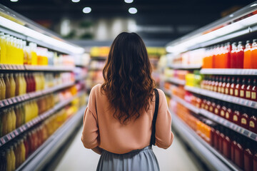 Compra de Comestibles: Mujer Joven en la Sección de Bebidas de un Supermercado - obrazy, fototapety, plakaty
