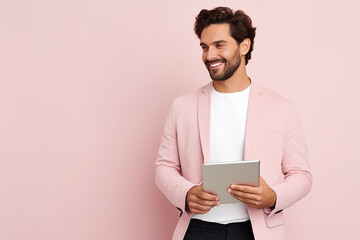 Fototapeta premium Content Male Freelancer Holding Digital Tablet, Pastel Background