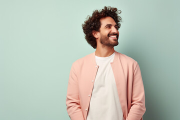 Obraz premium Content Male Freelancer Holding Digital Tablet, Pastel Background