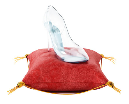 Single glass shoe standing on red velvet cushion. Transparent background.  3D illustration