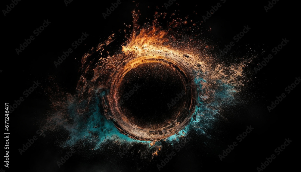 Poster futuristic spaceship orbits exploding planet in abstract, glowing illustration generated by ai