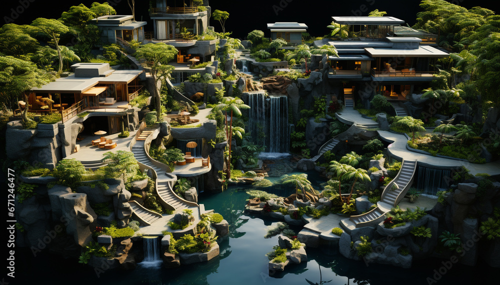 Poster modern architecture blends with nature in this high angle view cityscape generated by ai