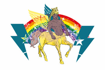 vector illustration of a winged black centaur with thunder and rainbow symbol. Design for t-shirts about gay pride	