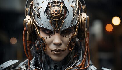 Futuristic robot portrait of an adult woman in technology industry generated by AI