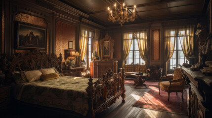 Victorian Bedroom with Ornate Bed, Wallpaper, and Chandelier Illuminated by Soft Sunlight Through Curtained Windows, Wooden Floor with Red Rugs, and Glossy Dark Wood Coffered Ceiling - obrazy, fototapety, plakaty