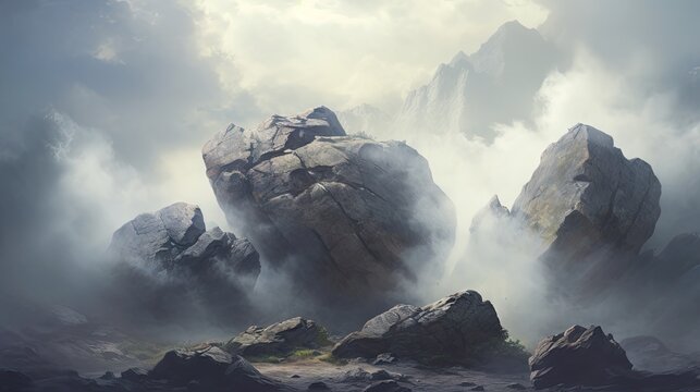  a digital painting of some rocks in the middle of a mountain range with a foggy sky in the background.  generative ai