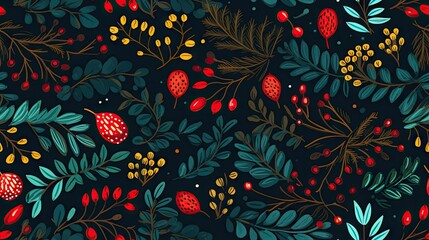  a pattern of leaves and berries on a dark background with red berries and green leaves on a dark background with red berries and green leaves on a dark background.  generative ai