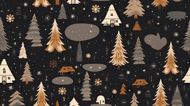  a black background with a pattern of trees and a house in the middle of the picture and snowflakes on the ground.  generative ai