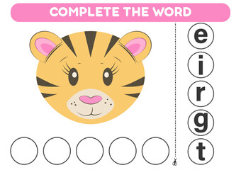 Educational game for kids  Complete the word tiger. Printable worksheets