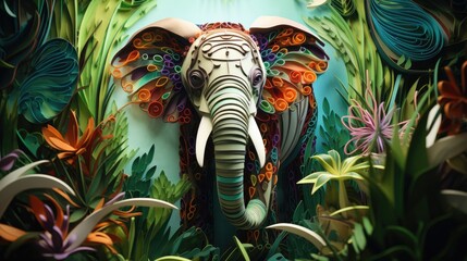 A paper cut elephant in the middle of a jungle. Generative AI.