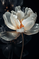 White tulips on a black background with smoke. Studio photography. 