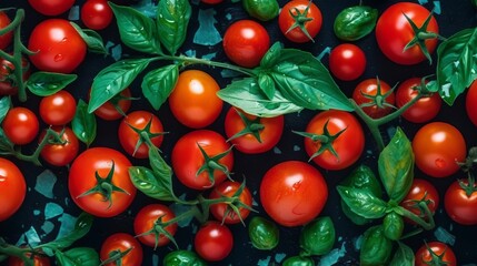 Fresh tomatoes and basil - food pattern. Cooking background. Food cooking concept. Vegetables concept