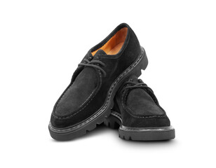 Black suede shoes with laces isolated on a transparent background