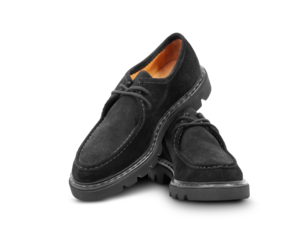 Black suede shoes with laces isolated on a transparent background