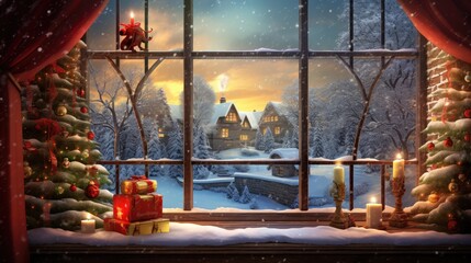  a window with a view of a snowy landscape and a lit christmas tree with presents on the window sill.  generative ai