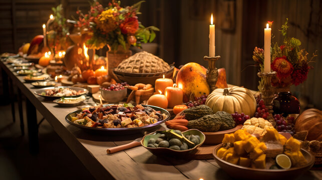 Big table decorated for Thanksgiving,  Holiday Food with the favorite Holiday Thanksgiving favorites