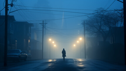 A lonely figure walking down a foggy street on 