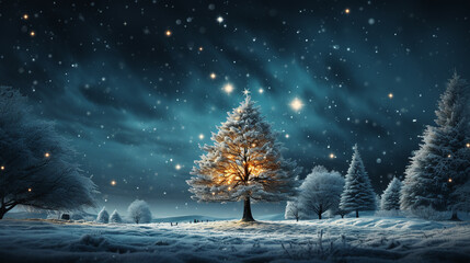 christmas tree in the snow under a night sky with stars