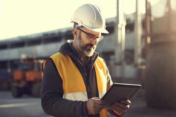 Professional male engineer worker in hard hat use tablet computer while working in warehouse store distributor factory . Caucasian man worker in logistic center