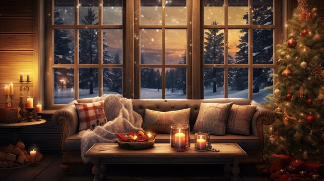 a living room decorated for christmas with a christmas tree in the corner and a lit candle on the coffee table.  generative ai