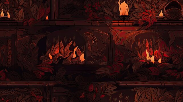  A Fire Burning In A Fireplace In A Dark Room With Red And Orange Flames Coming Out Of The Fireplaces.  Generative Ai