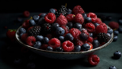 Fresh organic berry bowl blueberry, raspberry, and strawberry gourmet dessert generated by AI