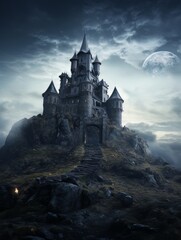 Fairytale haunted house on hill on night with full moon. AI