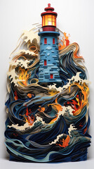 A paper sculpture of a lighthouse surrounded by waves. Generative AI.