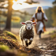 Jesus running after a lost sheep, religious concept - obrazy, fototapety, plakaty