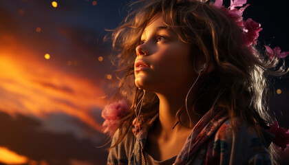 Smiling woman enjoys nature beauty, carefree and full of happiness generated by AI