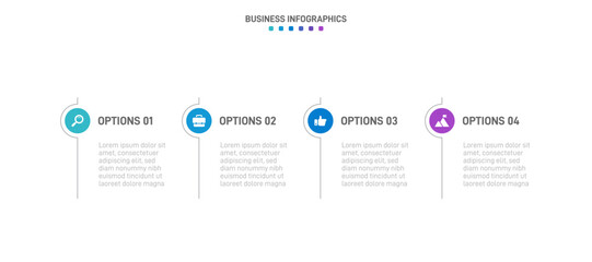 Timeline infographic with infochart. Modern presentation template with 4 spets for business process. Website template on white background for concept modern design. Horizontal layout. - obrazy, fototapety, plakaty