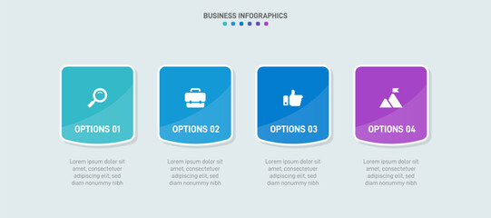 Timeline infographic with infochart. Modern presentation template with 4 spets for business process. Website template on white background for concept modern design. Horizontal layout.