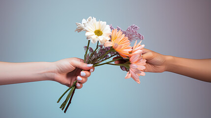 Female hand giving bouquet of flowers to male hand on blue background - obrazy, fototapety, plakaty
