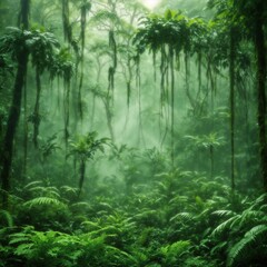 green forest in the morning foggy