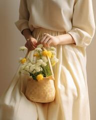 Woman holding wicker basket with wildflowers on light background, closeup